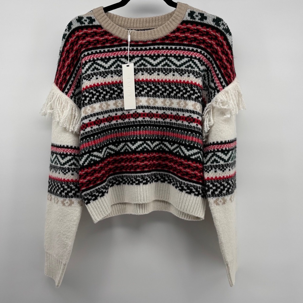 Every Fair Isle Fringe Sweater Red Black White Geometric Knit EV8305SWR L